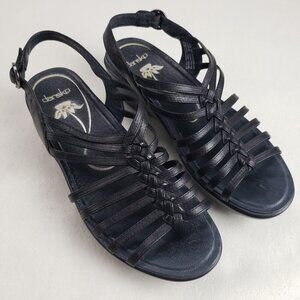 Dansko Dana Strappy Wedge Sandal Women 7.5-8 38 Black Leather Slingback Open Toe